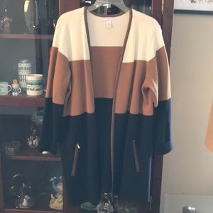 Open cardigan with faux leather trim. Beautiful!